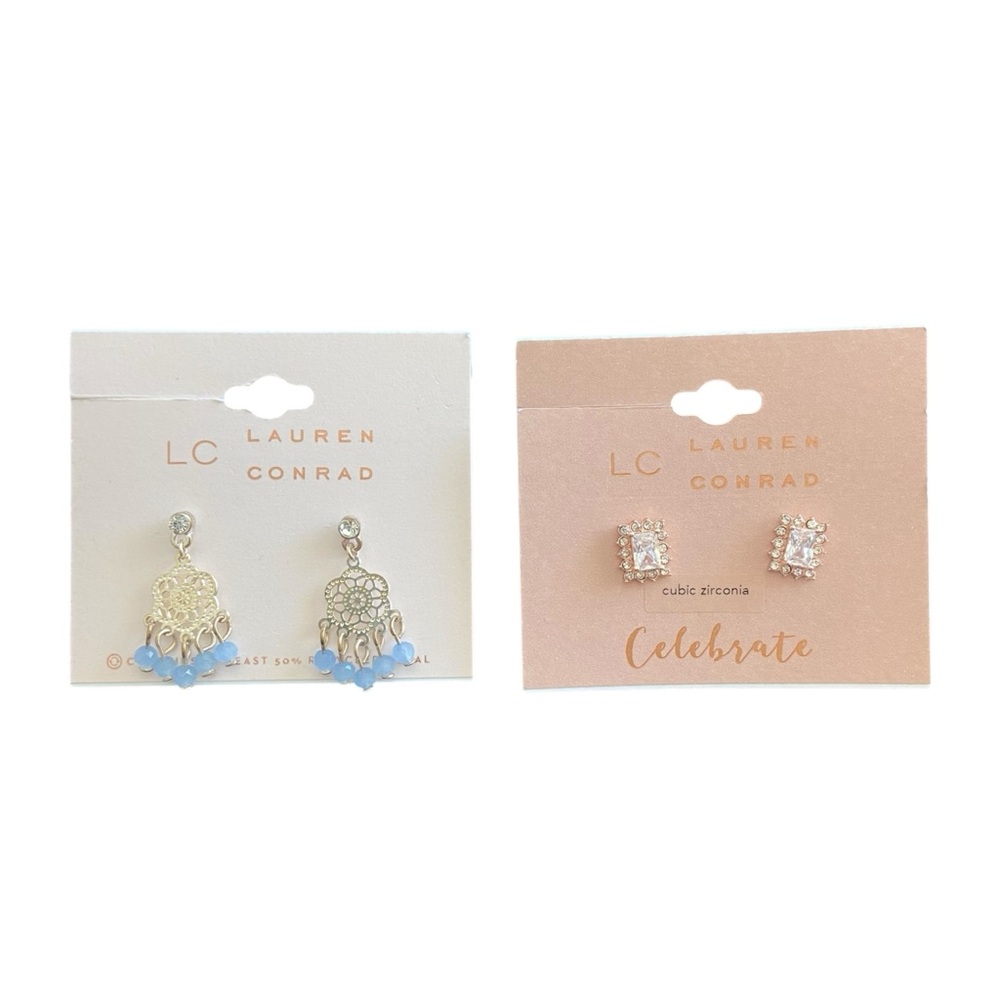 Lauren Conrad Silver Blue Pink Rosegold Dangly Celebrate Stud Earrings 2 Pack